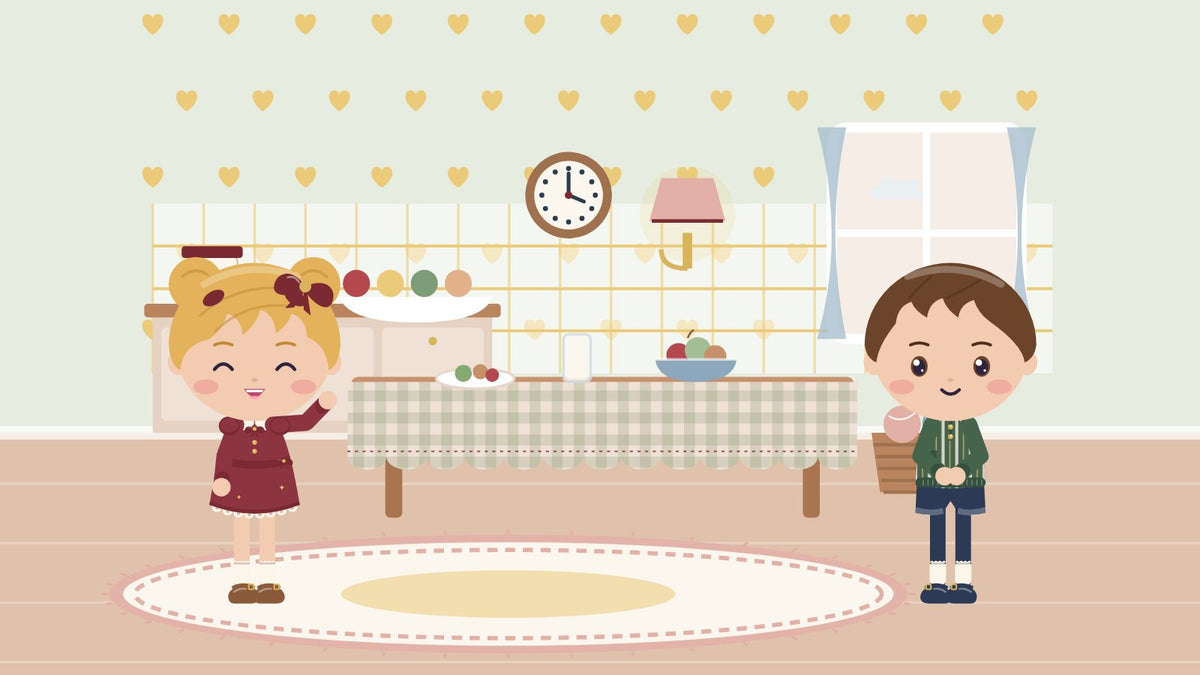 A good morning routine. Two children in the kitchen in the morning with breakfast, milk and fruit on the table