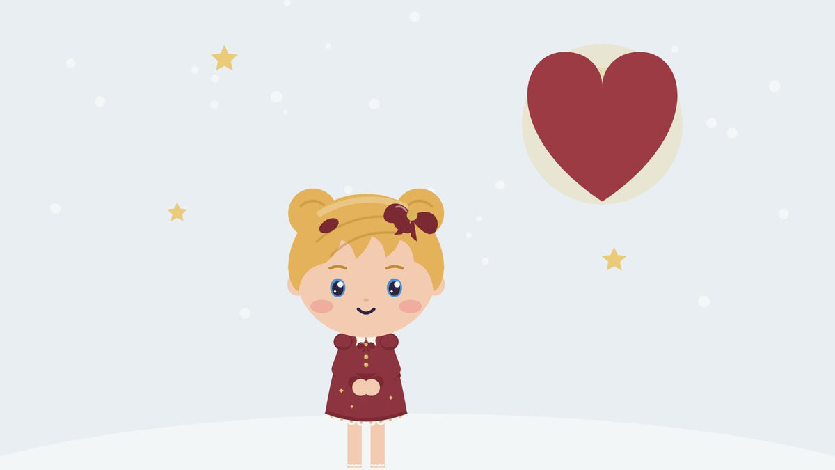 The little voice inside. A girl stands calmly with a big heart in the sky behind her