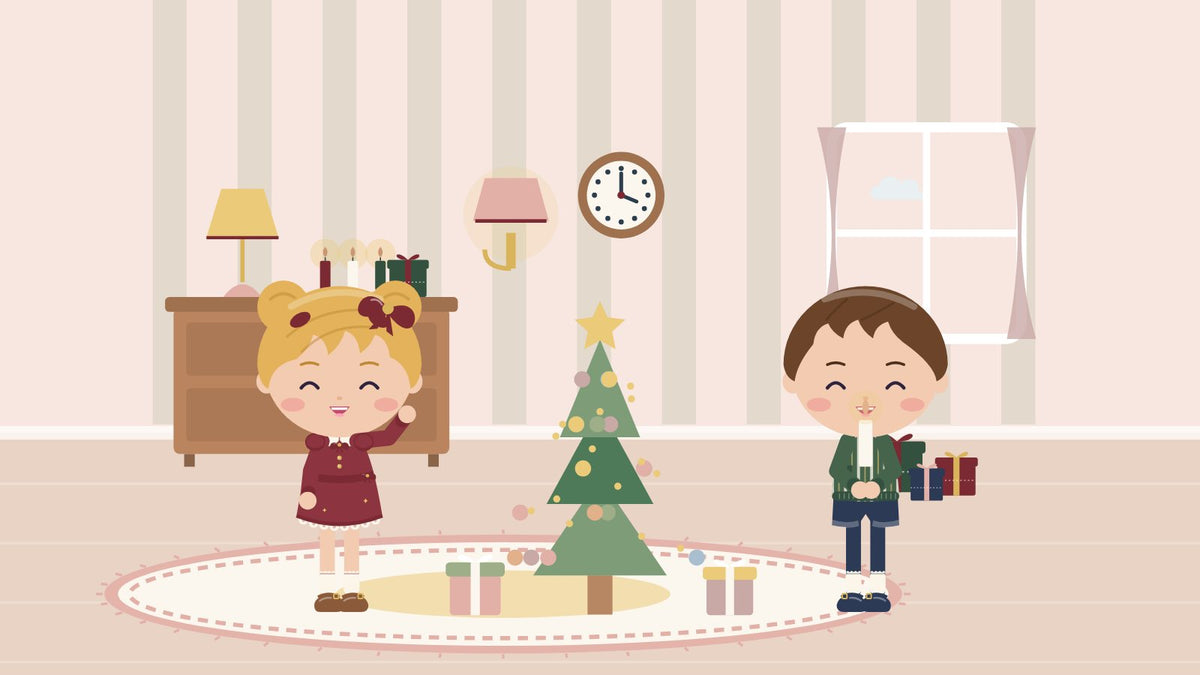 Cozy Christmas traditions with little kids. Two children decorate the Christmas tree together in the living room