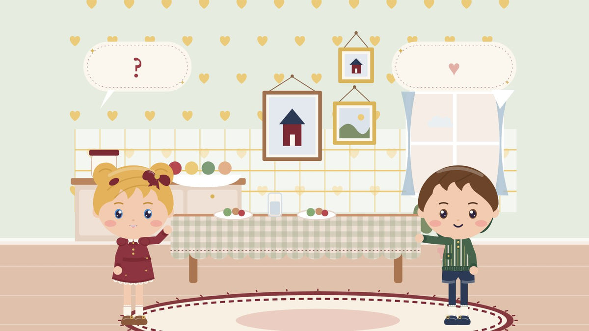 30 dinner table questions for kids. Two children talk together at the dinner table with plates and a glass of water