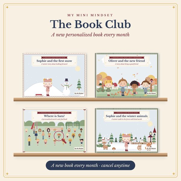 Book Club: four personalized books on a bookshelf