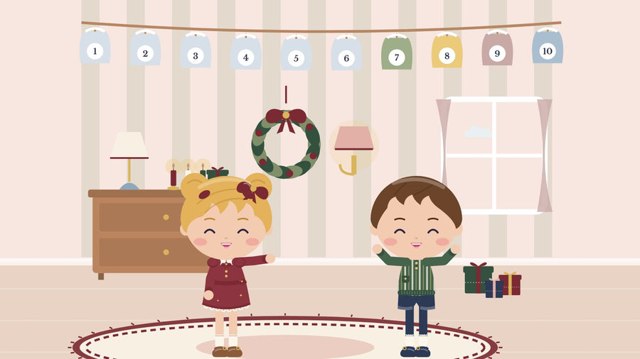 24 good deeds in December. Two children by an Advent calendar on the living room wall