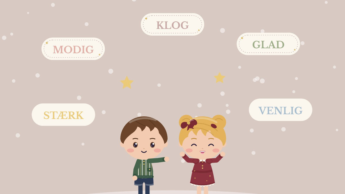 40 kind affirmations for kids. Two children under kind words like brave, happy, strong, kind and smart