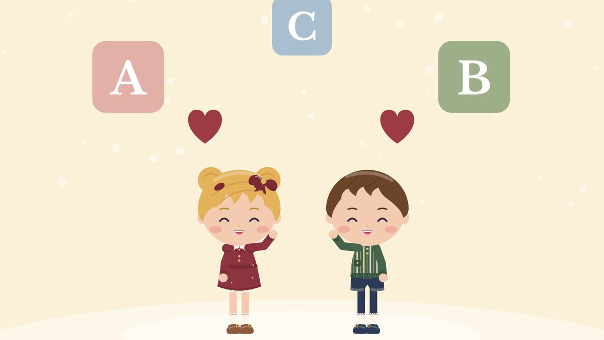 ABC with kind words. Two children under the letter blocks A, B and C