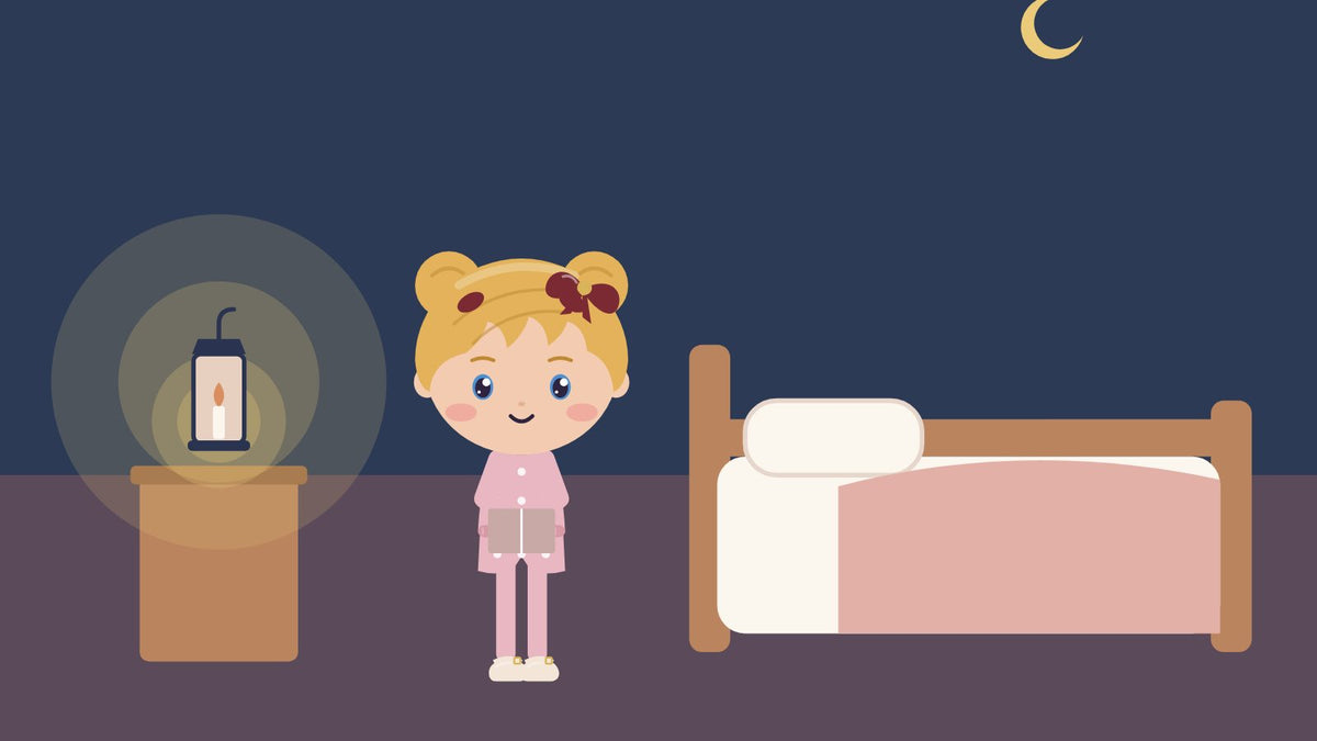 A step-by-step bedtime routine for kids. A girl in pajamas with a book by the bed in the evening