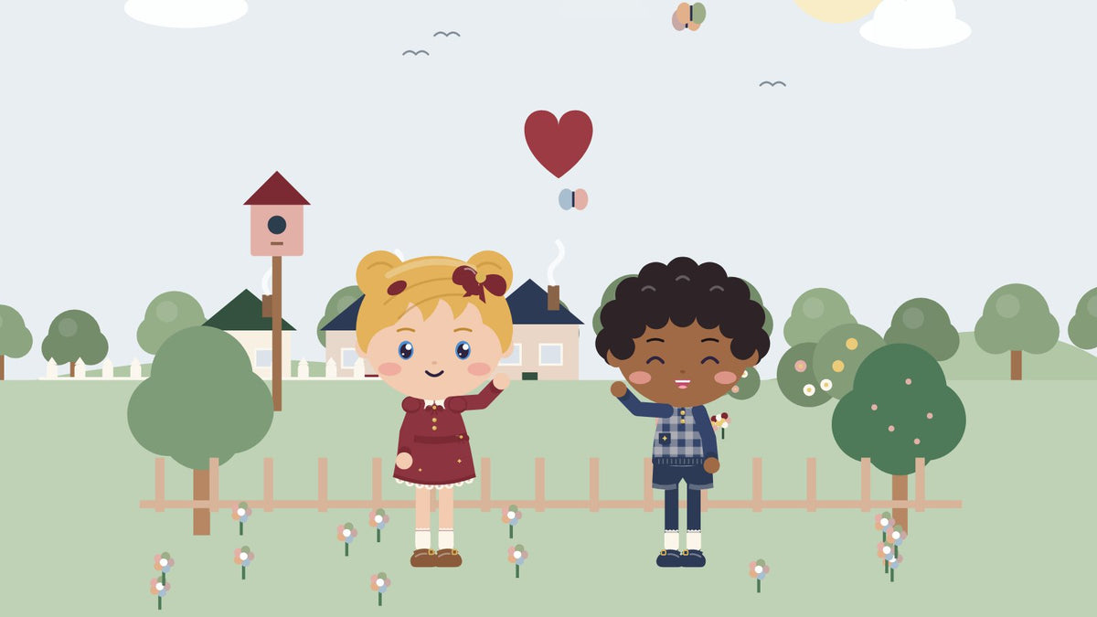 Help your child make new friends. Two children wave to each other in the park and become friends