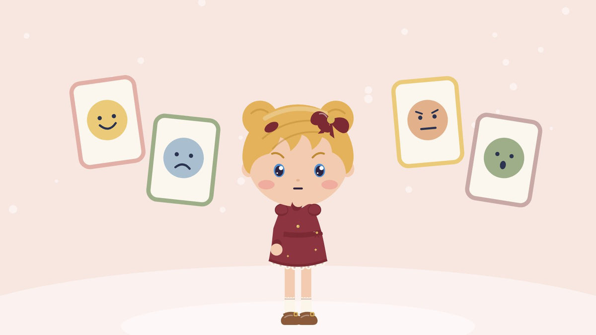 Help your child put feelings into words. A girl thinks about feelings, surrounded by cards with happy, sad, angry and surprised faces