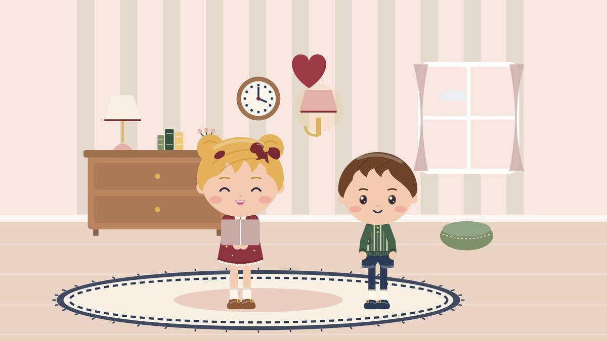 Reading aloud to the littlest ones. A girl reads a book aloud to a boy in the living room