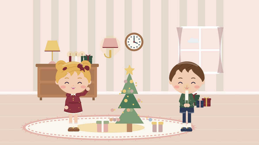Cozy Christmas traditions with little kids. Two children decorate the Christmas tree together in the living room