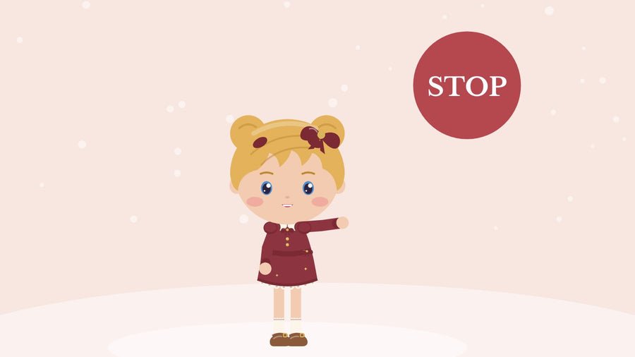 Teach your child to say stop. A girl says stop with her hand held out in front of her and a red stop sign