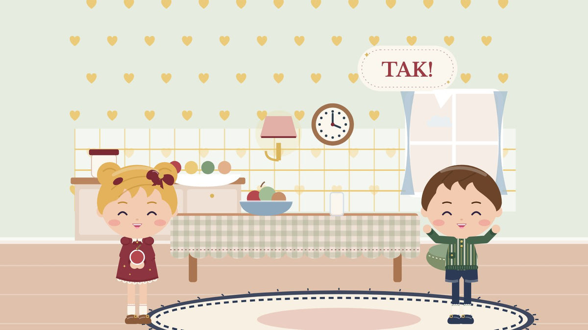 Teach your child to say thank you. A girl holds an apple, and a boy says thank you at the kitchen table with fruit