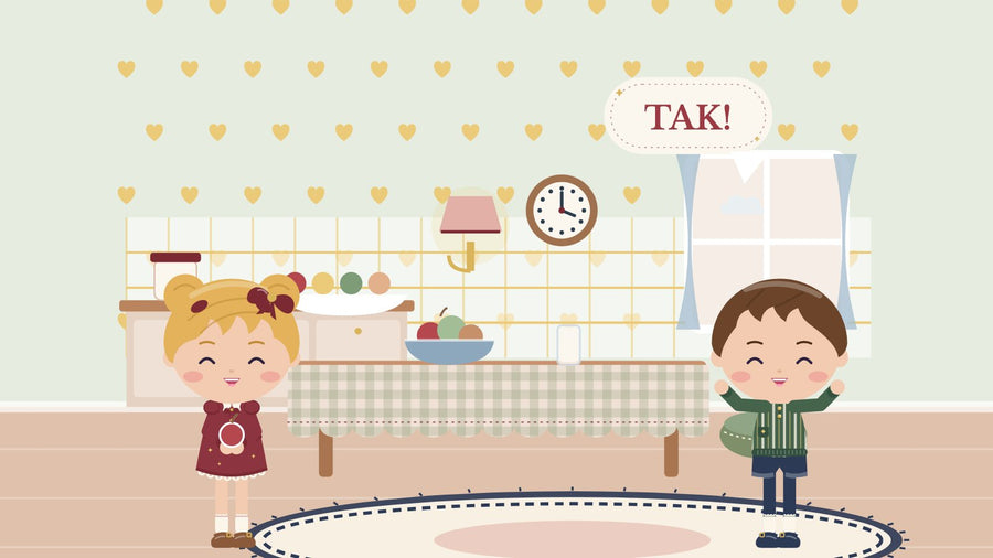Teach your child to say thank you. A girl holds an apple, and a boy says thank you at the kitchen table with fruit