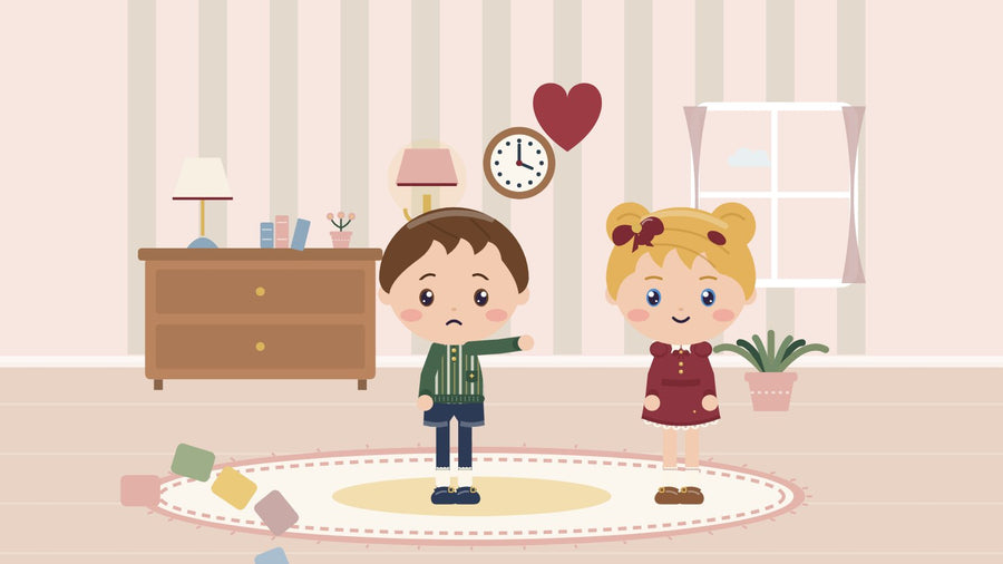 When your child needs to say sorry. A boy says sorry to a girl by a toppled block tower