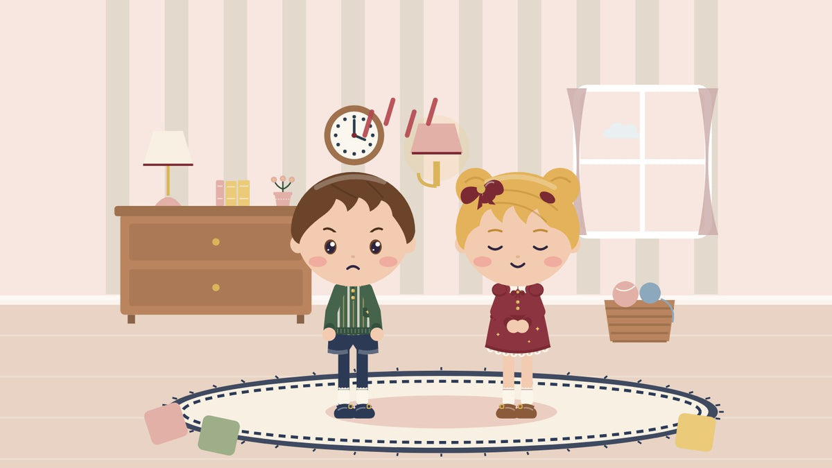 When your child gets angry. A boy is angry while a girl stands calmly beside him in the living room