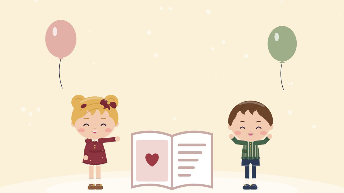 Personalized gifts for kids. Two children by a big book with a heart, their very own personalized book