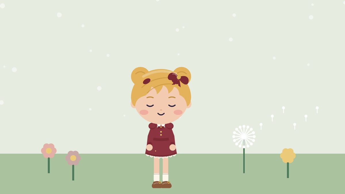 Calming exercises for kids. A girl stands with her eyes closed, breathing calmly in a flower meadow