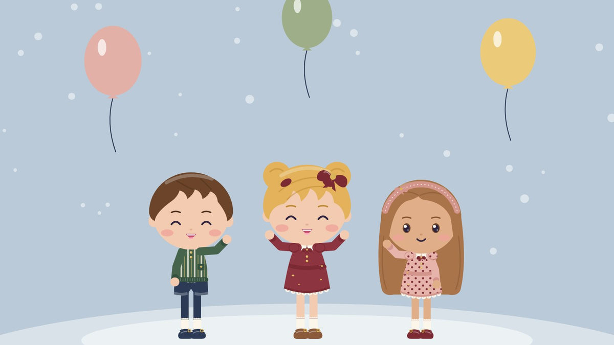 Siblings in the same book. Three siblings wave together under balloons