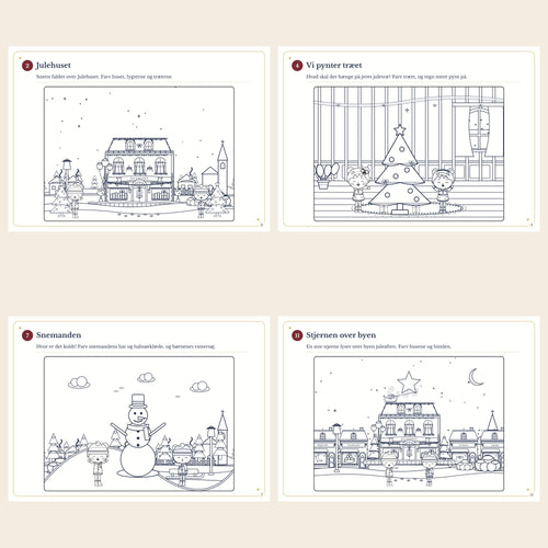 Four of the drawings in the Christmas coloring book: the Christmas house, children decorating the tree, the snowman and the star above the town